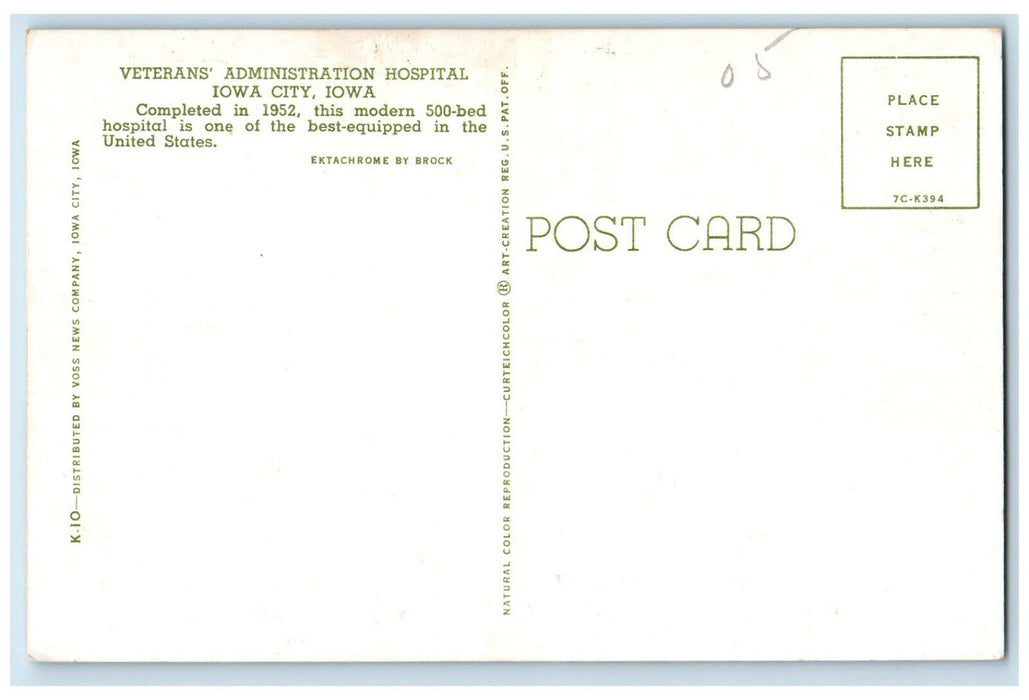 Veteran's Administration Hospital Building Iowa City, Iowa IA Vintage Postcard