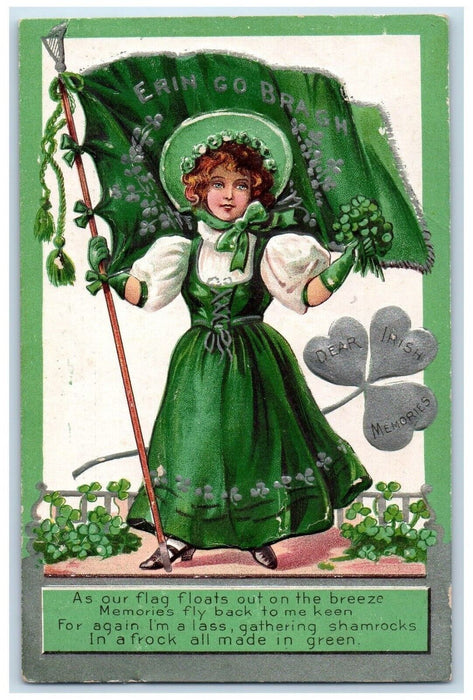 c1910's St. Patrick's Day Woman Holding Flag Gathering Shamrocks Postcard