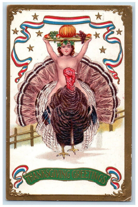 1907 Thanksgiving Greetings Undress Man Riding Turkey Serving Fruits Postcard