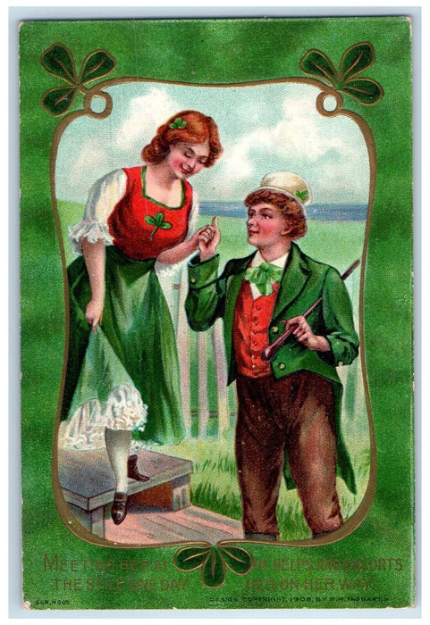 1909 St. Patrics Day Woman Man Escort Shamrock Embossed Glenrock PA Postcard