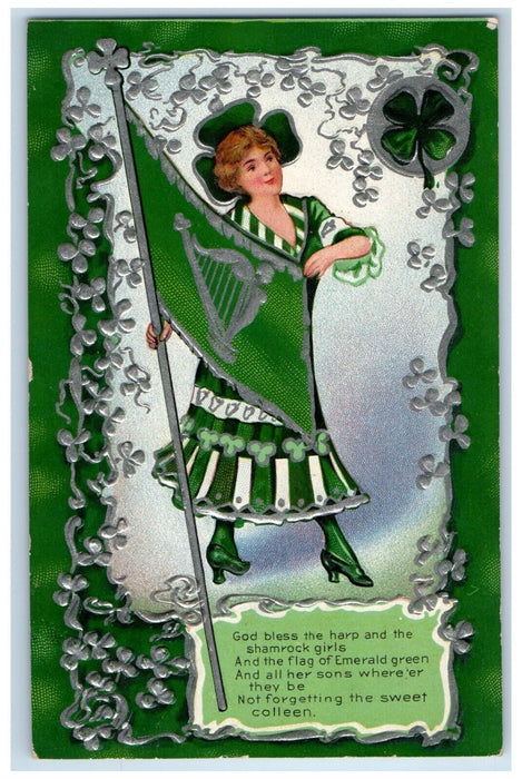 c1910's St. Patrics Day Woman Holding Flag Shamrock Embossed Antique Postcard