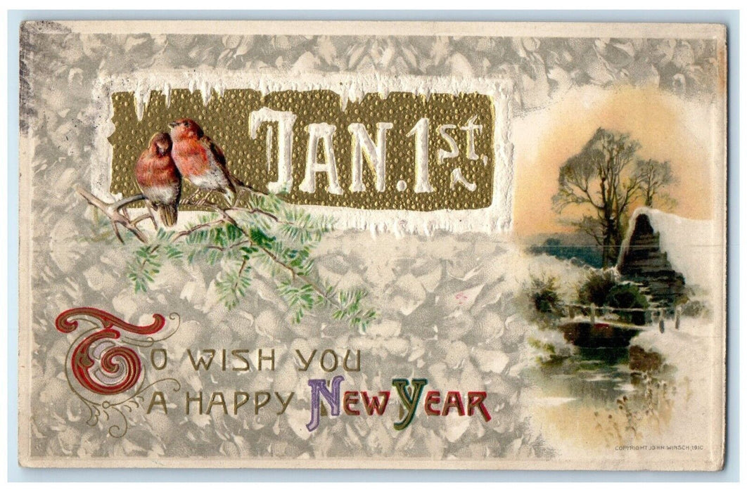 1911 New Year Song Birds House Bridge In Winter Embossed Winsch Back Postcard