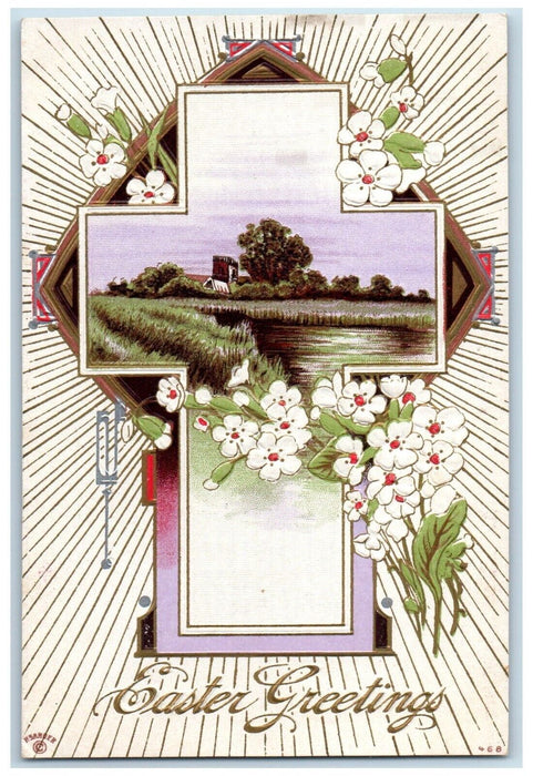 c1910's Easter Greetings Cross White Flowers P. Sander Embossed Posted Postcard