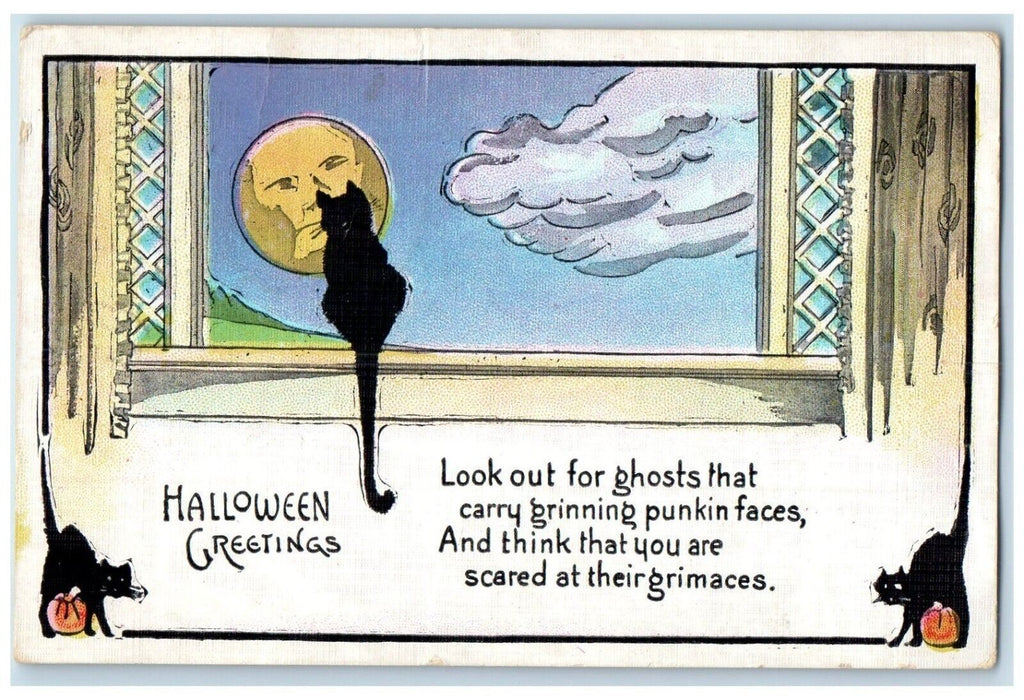 Halloween Greetings Anthropomorphic Moon Black Cats Cedar Springs MI Postcard