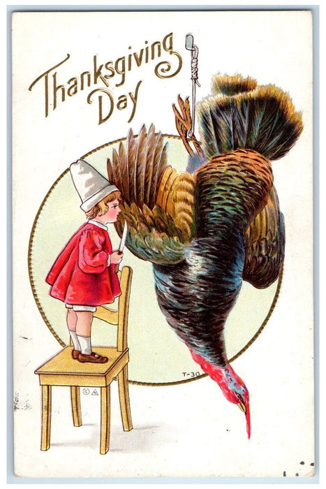 1916 Thanksgiving Day Tukey Girl With Knife Embossed New Freedom PA Postcard