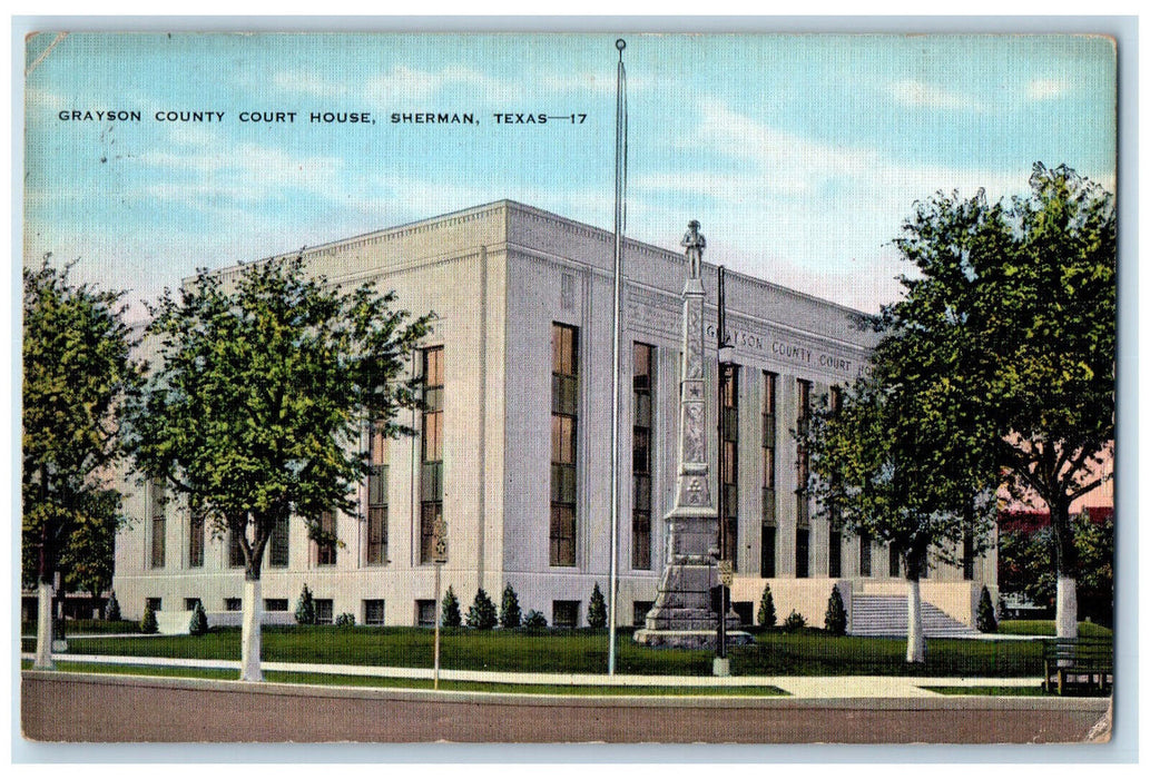 1938 Grayson County Court House Statue Scene Sherman Texas TX Vintage Postcard