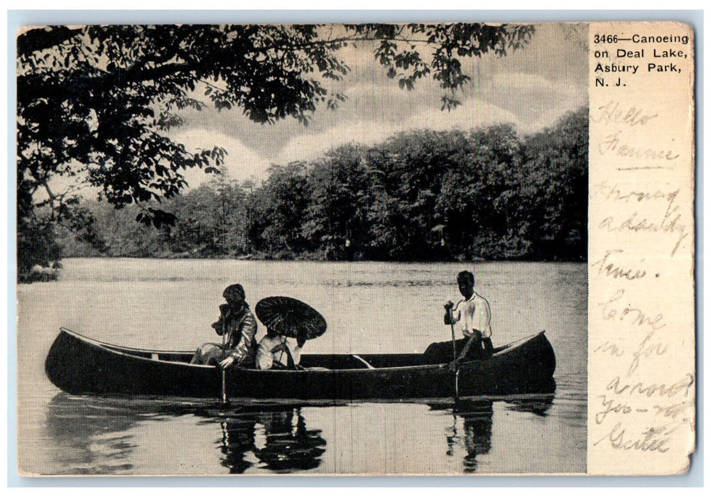 1907 Canoeing on Deal Lake Asbury Park New Jersey NJ Antique Posted Postcard