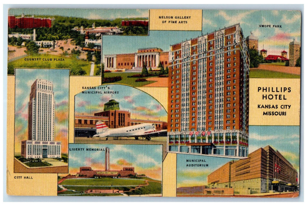 1957 Phillips Hotel Kansas City Missouri MO Vintage Posted Multiview Postcard