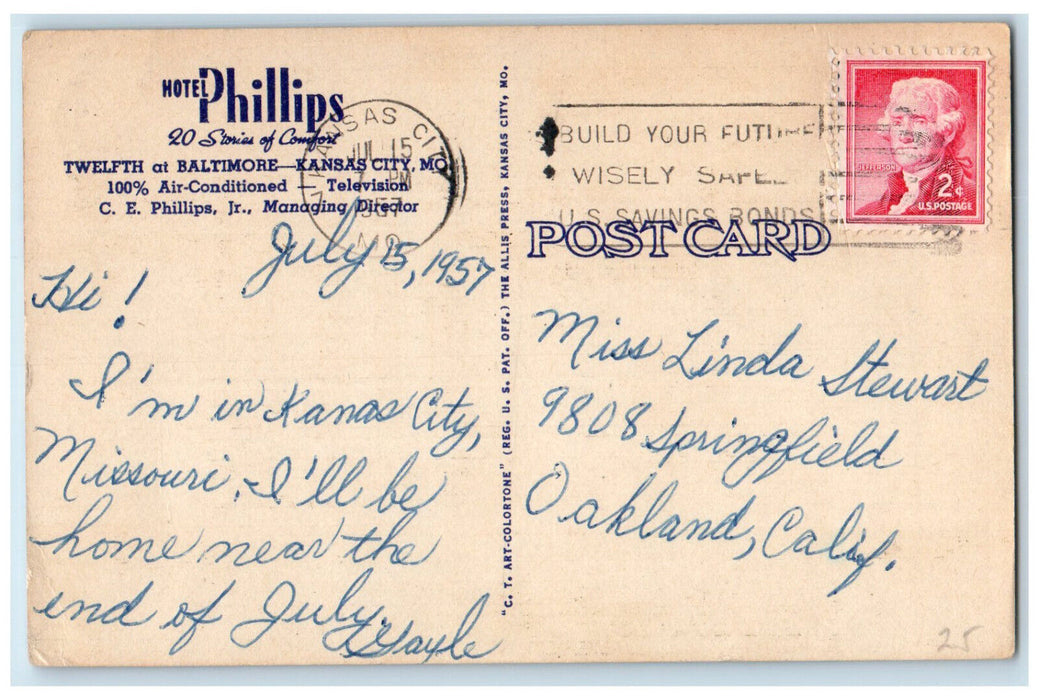 1957 Phillips Hotel Kansas City Missouri MO Vintage Posted Multiview Postcard