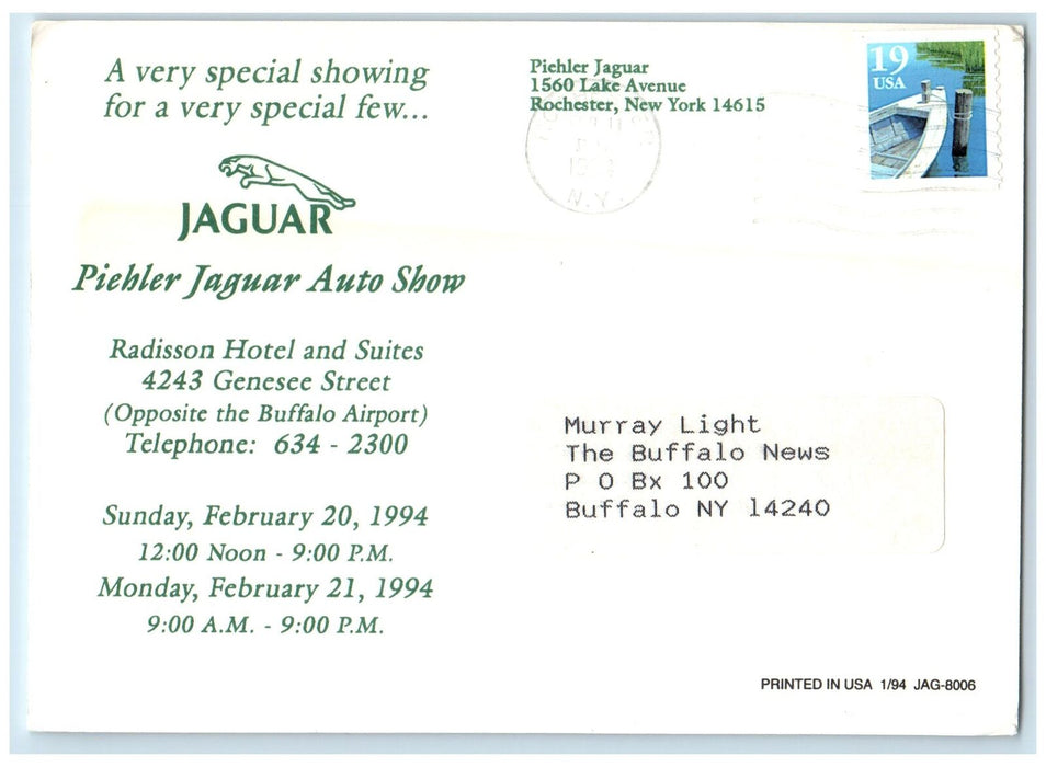 1994 Piehler Jaguar Auto Show Buffalo NY Jaguar Dealership Advertising Postcard