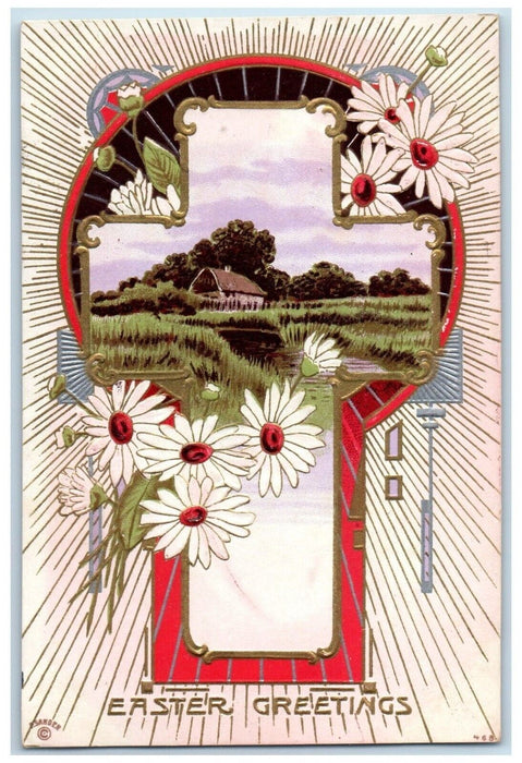 1911 Easter Greetings Holy Cross Daisy Flowers Art Nouveau Carthage IL Postcard