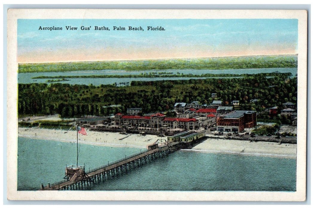 c1930's Aeroplane View Pier Gus Baths Palm Beach Florida FL Unposted Postcard