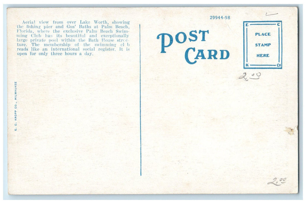 c1930's Aeroplane View Pier Gus Baths Palm Beach Florida FL Unposted Postcard