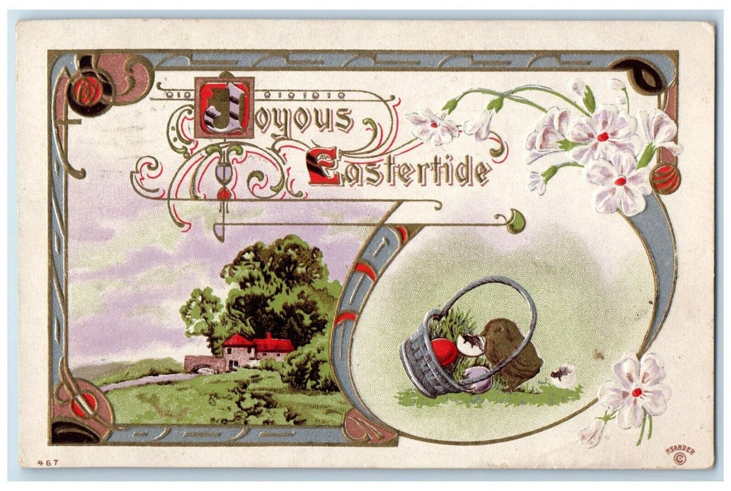 1911 Easter Egg Chick Hatched Egg In Basket Chick Flowers Art Nouveau Postcard