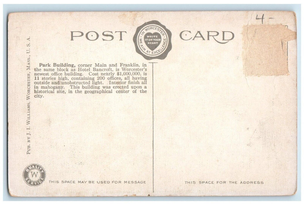 View Of Park Building Magazines Candy Store Worcester Massachusetts MA Postcard