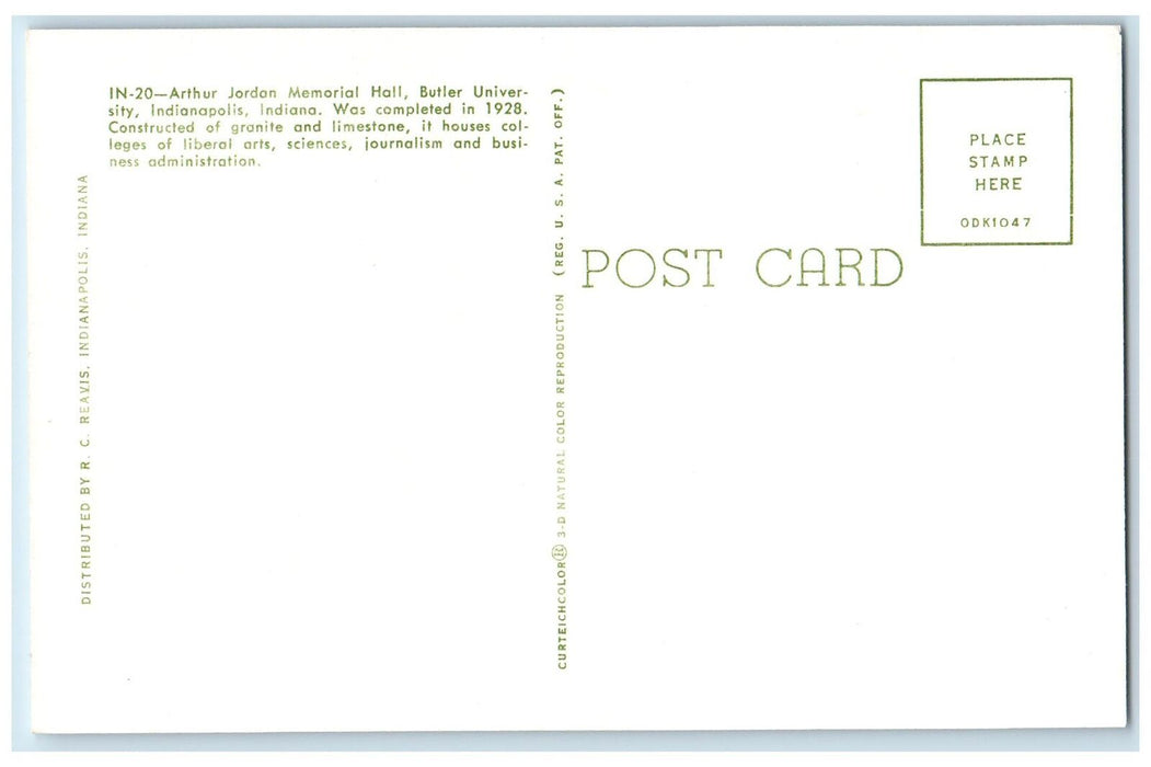 Arthur Jordan Memorial Hall Butler University Medical Indianapolis IN Postcard