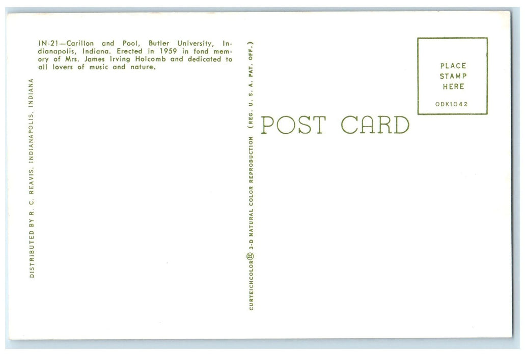Carillion And Pool Butler University Medical Indianapolis Indiana IN Postcard