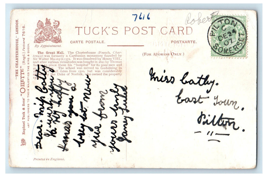 1907 The Charterhoue London, A Happy Christmas Oilette Tuck Art Postcard