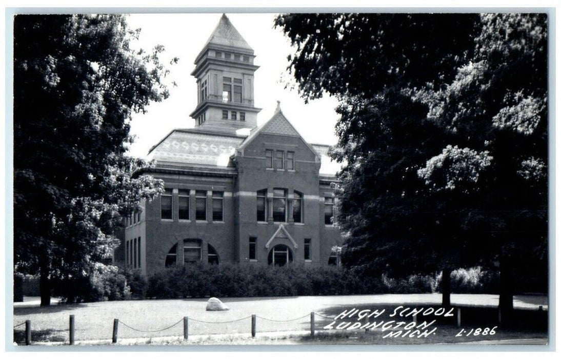 c1940's View Of Highschool Building Ludington Michigan MI RPPC Photo Postcard