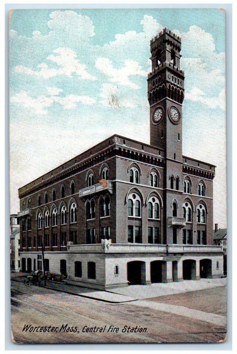 1907 Central Fire Station Building Worcester Massachusetts MA Antique Postcard
