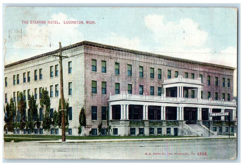1909 Stearns Hotel Building Ludington Michigan Vintage Antique Posted Postcard