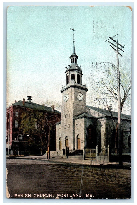 1908 Parish Church Building Clock Tower Roadside View Portland Maine ME Postcard