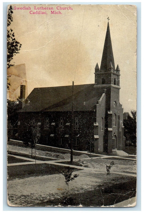 1915 Swedish Lutheran Church Exterior Roadside Cadillac Michigan MI Postcard