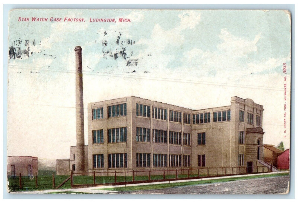 1909 Rear View Star Watch Case Factory Building Ludington Michigan MI Postcard