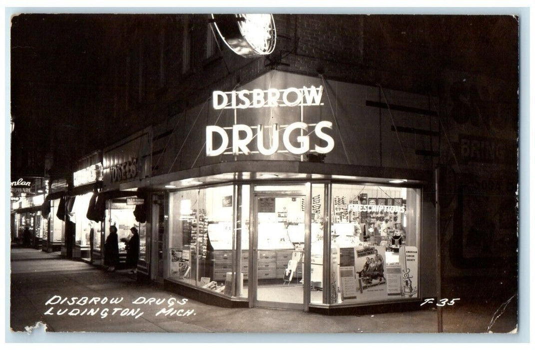 c1940's Disbrow Drug Store Business Ludington Michigan MI RPPC Photo Postcard