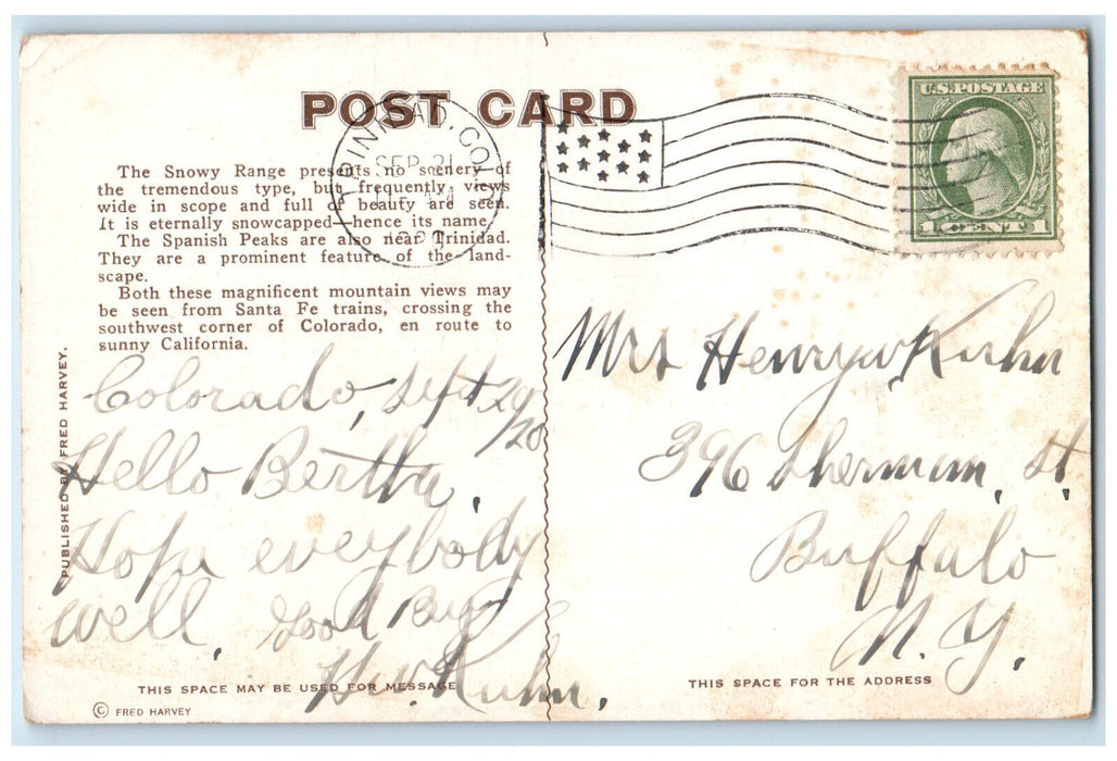 1920 Snowy Range Near Trinidad Colorado CO Fred Harvey Posted Postcard