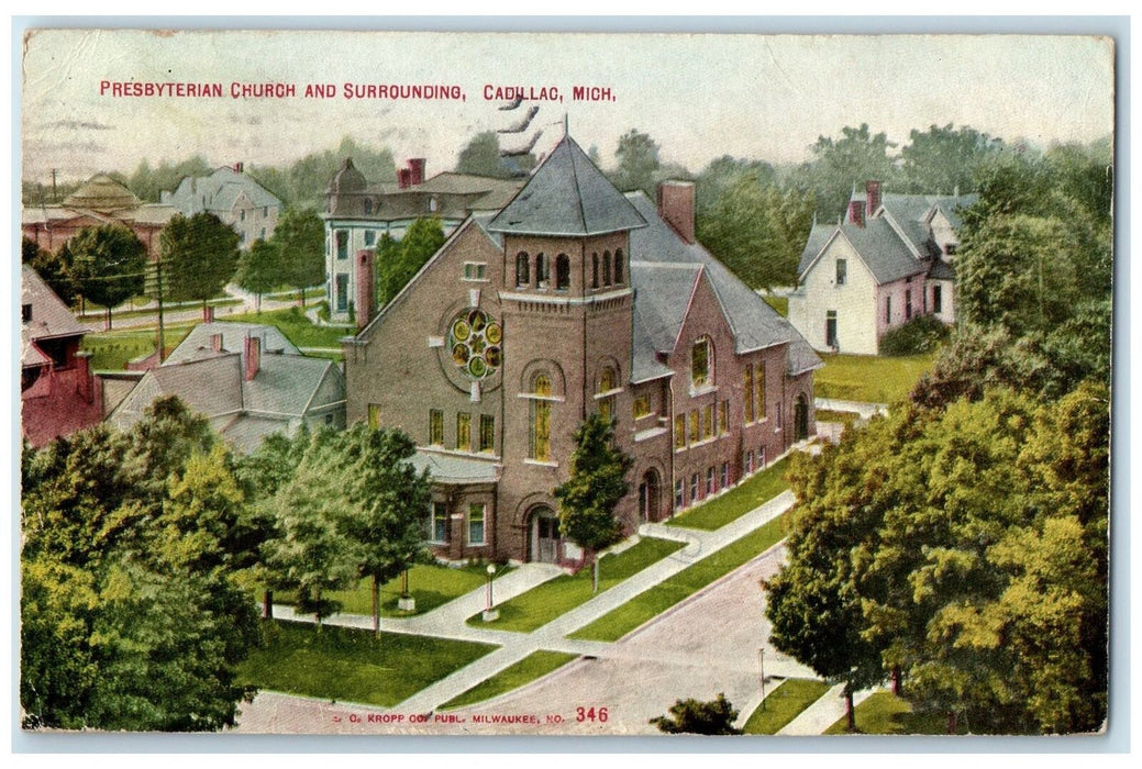 1910 Presbyterian Church And Surrounding Cadillac Michigan MI Posted Postcard