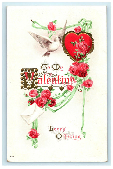1915 Valentine Love's Offering Dove Heart Flowers Embossed Antique Postcard