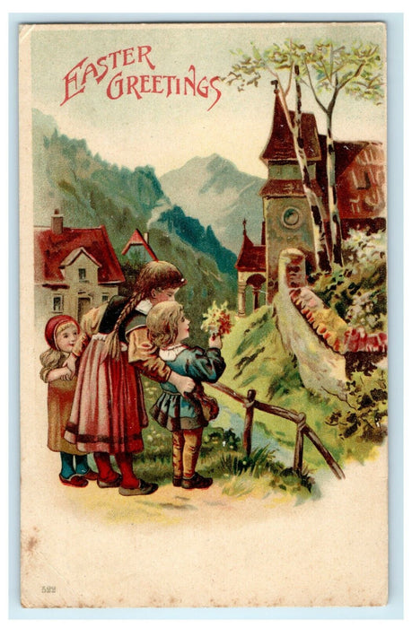 1907 Easter Greetings Children Offering Flowers Madison New York NY Postcard