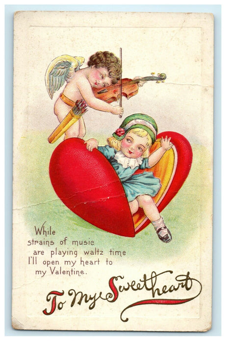 Valentine Bare Butt Cupid Playing Violin Embossed Postcard