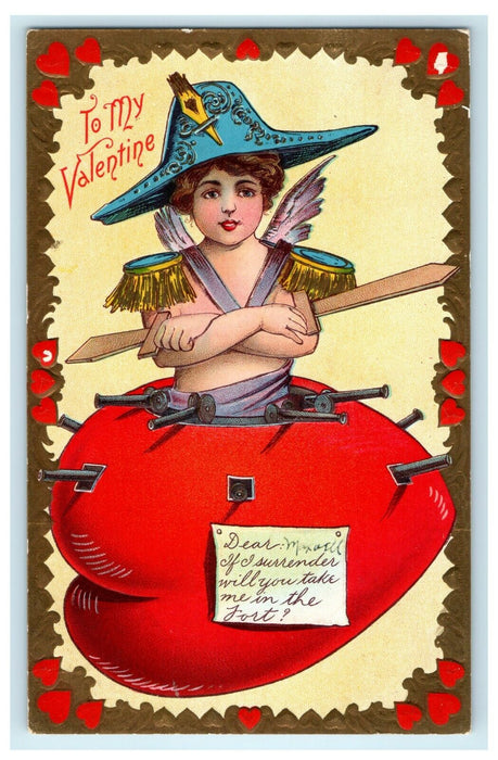 1910 Cupid Guns Cannons Magic Trick Embossed Valentines Day Postcard