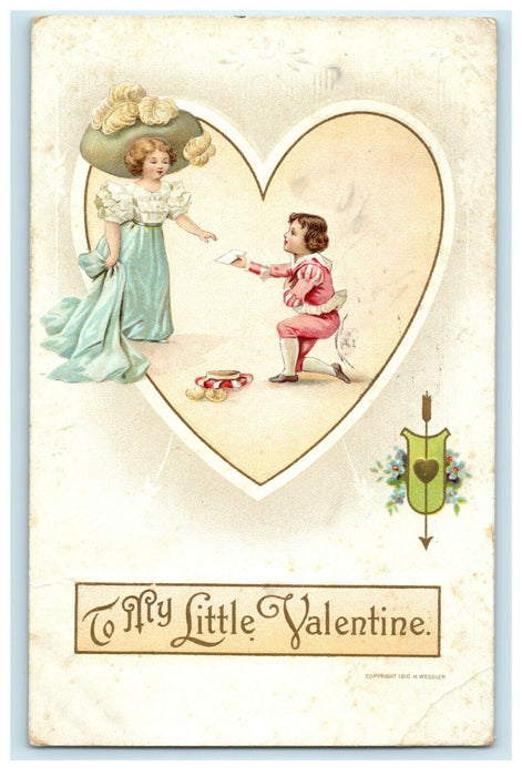 1911 Little Boy Bended Knee Giving Valentine Harrisburg PA Wessler Postcard