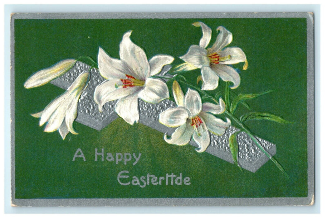 1914 Easter Silver Cross White Flowers Winsch Back Embossed Antique Postcard