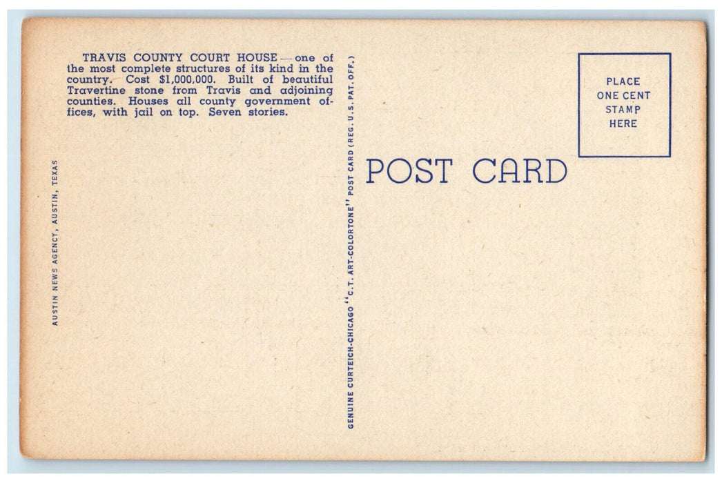 c1940's Travis County Court House, Austin Texas TX Vintage Postcard