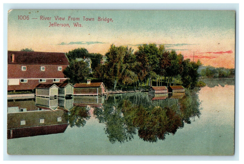 1909 River View from Town Bridge Jefferson Wisconsin WI Antique Postcard