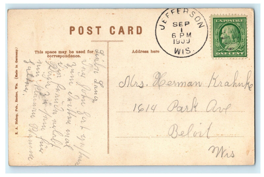 1909 River View from Town Bridge Jefferson Wisconsin WI Antique Postcard