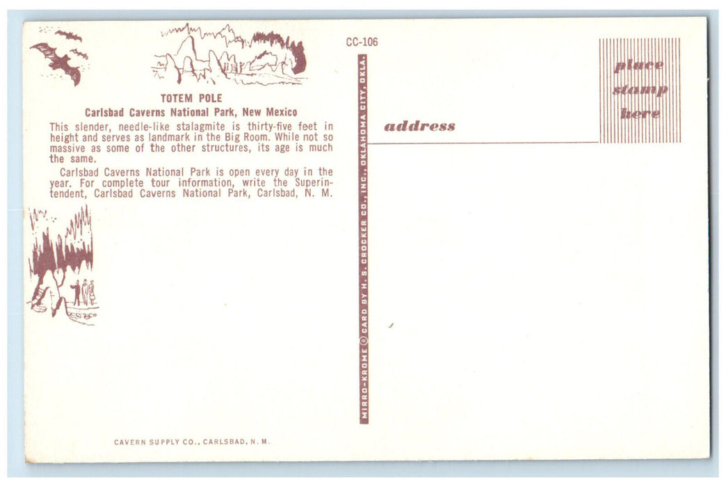 c1960's Totem Pole, Stalagmite, Carlsbad Caverns National Park NM Postcard