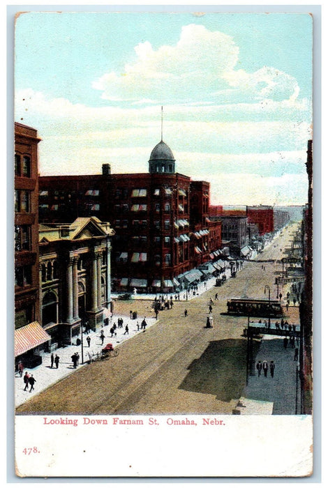 1910 Looking Down Farman Street Shops People Scene Omaha Nebraska NE Postcard
