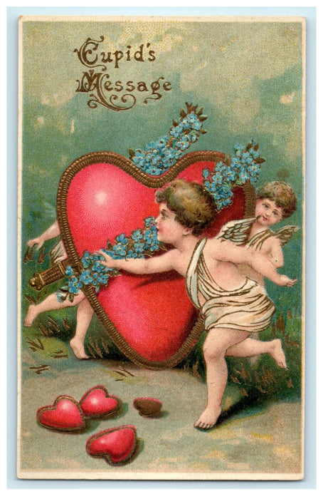 c1910 Valentine Cherubs Cupid Angels With Heart And Flowers Embossed Postcard