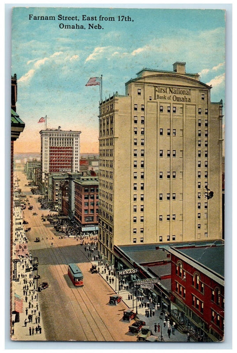 c1910s Farnam Street From 17th Bird's-Eye View Omaha Nebraska NE Shops Postcard