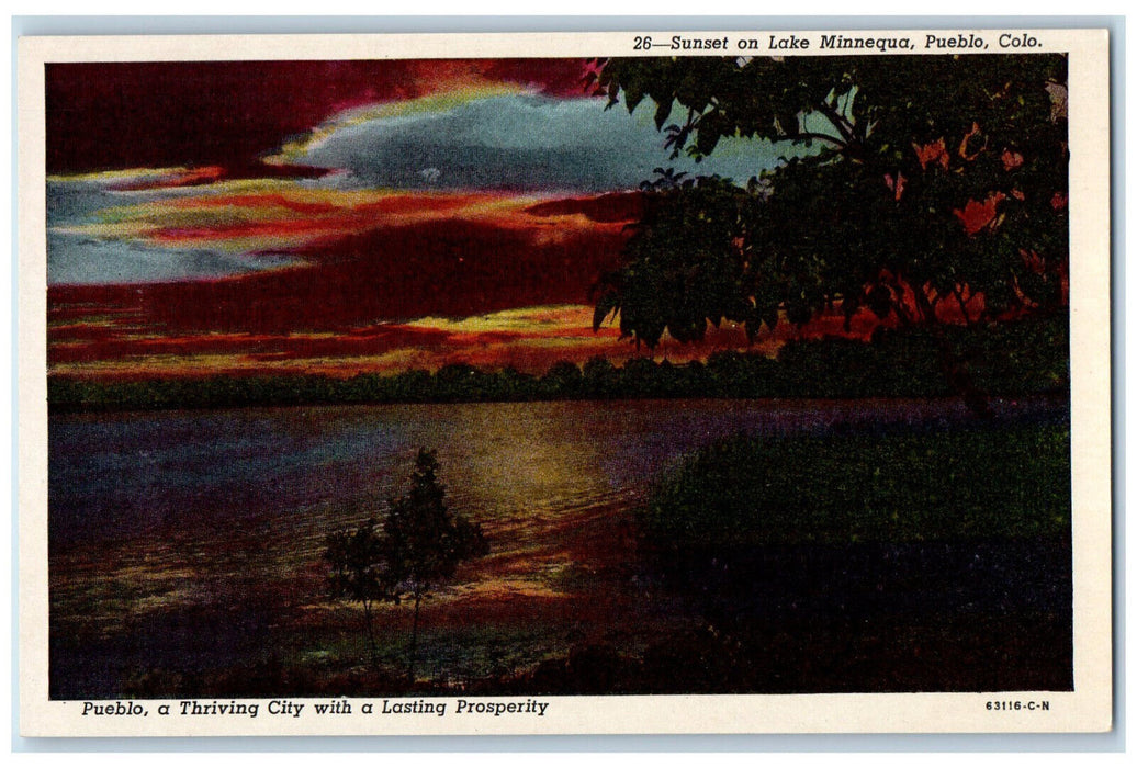 c1920's View of Sunset on Lake Minnequa Pueblo Colorado CO Unposted Postcard