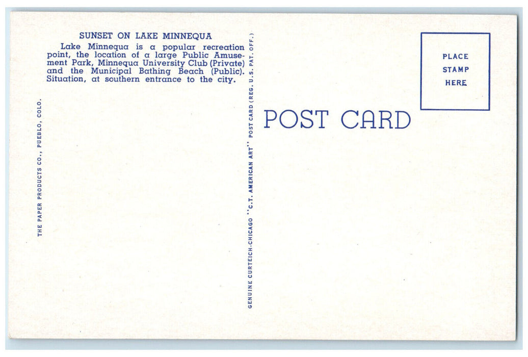c1920's View of Sunset on Lake Minnequa Pueblo Colorado CO Unposted Postcard