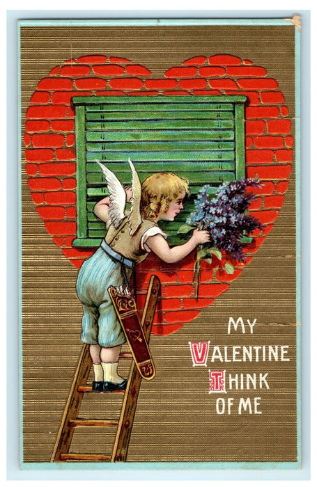 1910 Cupid Delivering Flowers On Ladder Valentines Day Antique Postcard