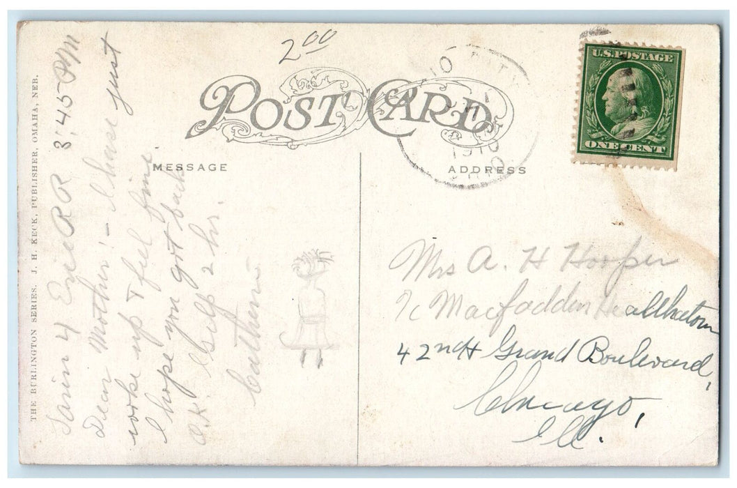 1910 Burlington Station Train Locomotor Scene Omaha Nebraska NE Posted Postcard