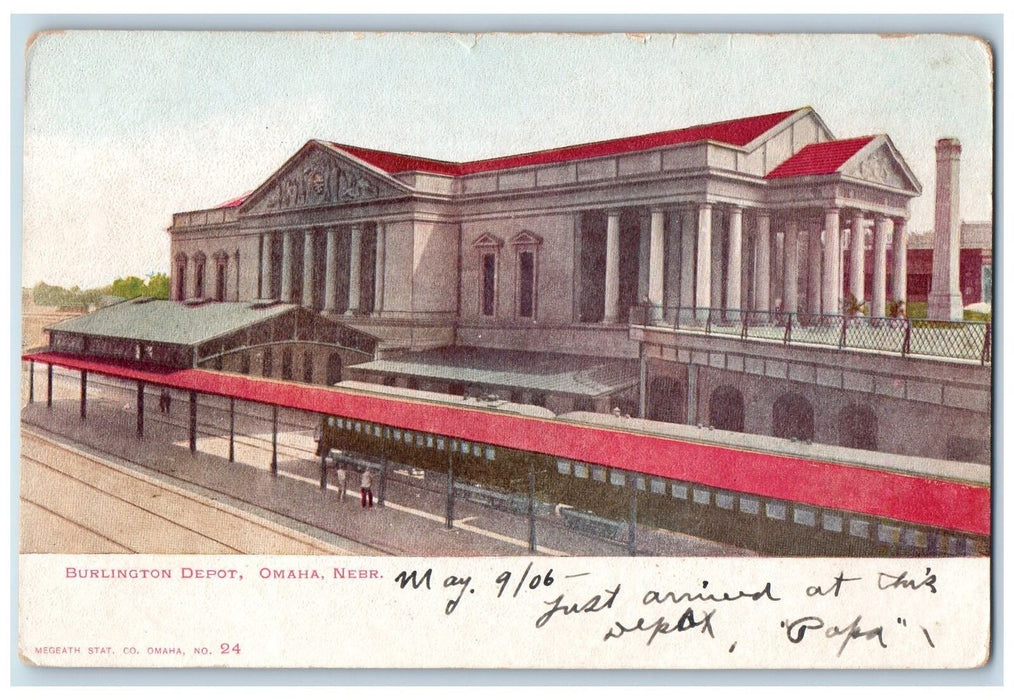 c1905s Burlington Depot Exterior Train Locomotor View Omaha Nebraska NE Postcard