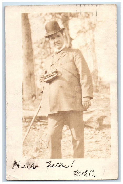 1906 Candid Man Binoculars Bowler Gloves Cane Hartford CT RPPC Photo Postcard